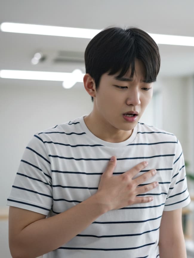 가슴을 부여자고 숨을 헐떡이는 학생
