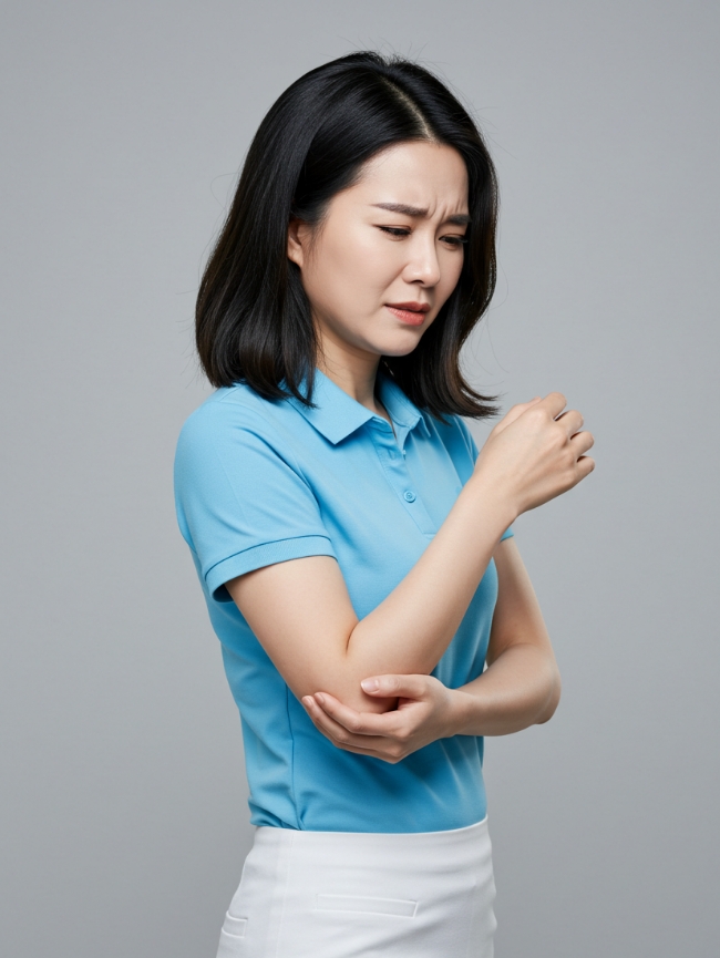 팔꿈치를 부여잡는 여성