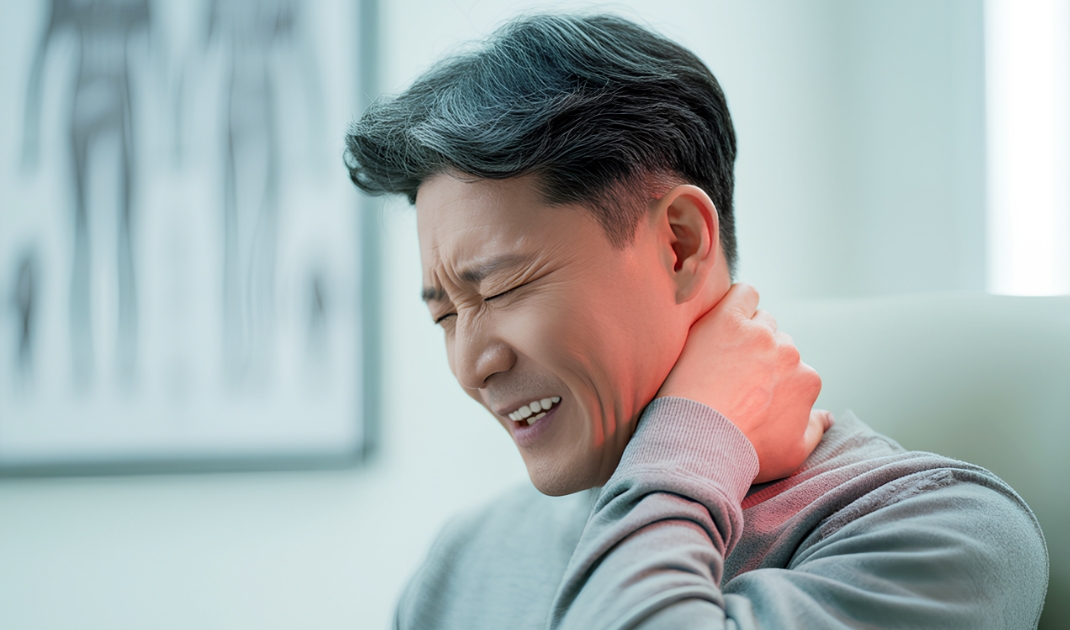 목 통증을 호소하며 목을 잡고 있는 중년 남성 이미지