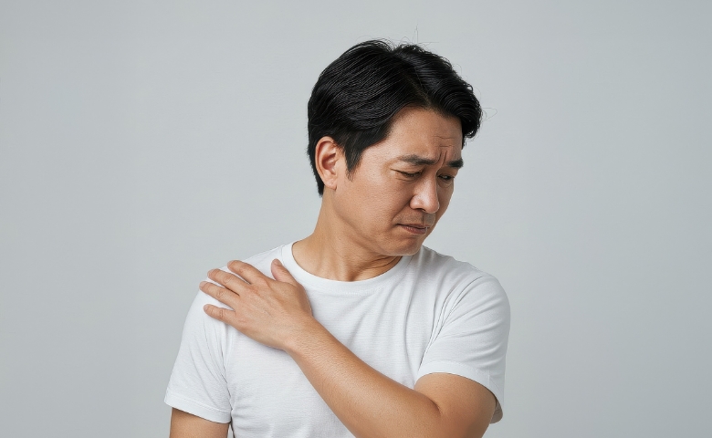 어깨와 등 통증으로 어깨를 짚고 있는 남성